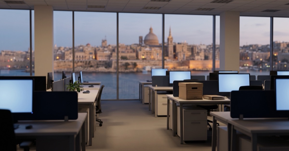 An empty open-plan office at dusk overlooking the Valletta skyline across the harbour, with an archive box and a folder on one cleared desk